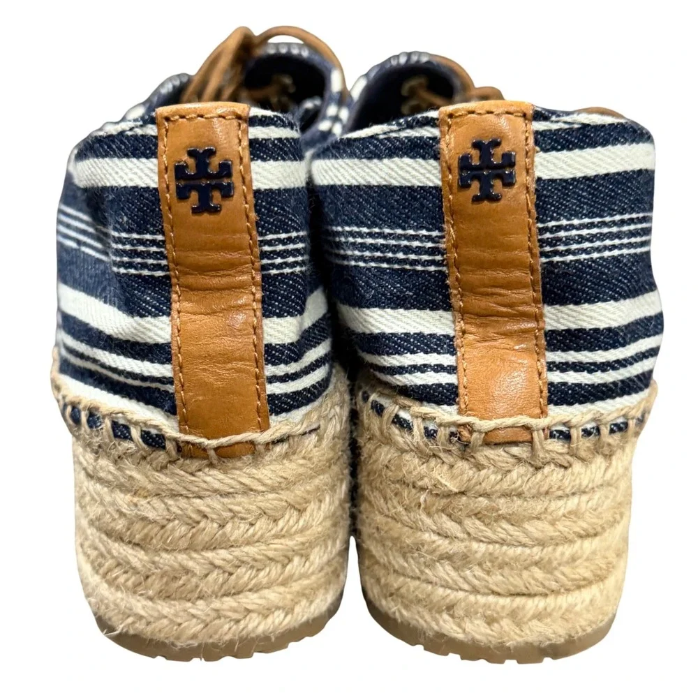Tory Burch Florence Platform Espadrilles Women 9 Blue White Striped Canvas Shoes